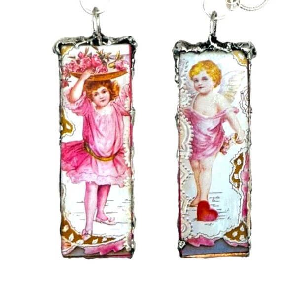 Hand Crafted Jewelry - VINTG Valentines Day Card Tiny Canvas Pendant & Handmade W/ Pink Quartz & Pearls